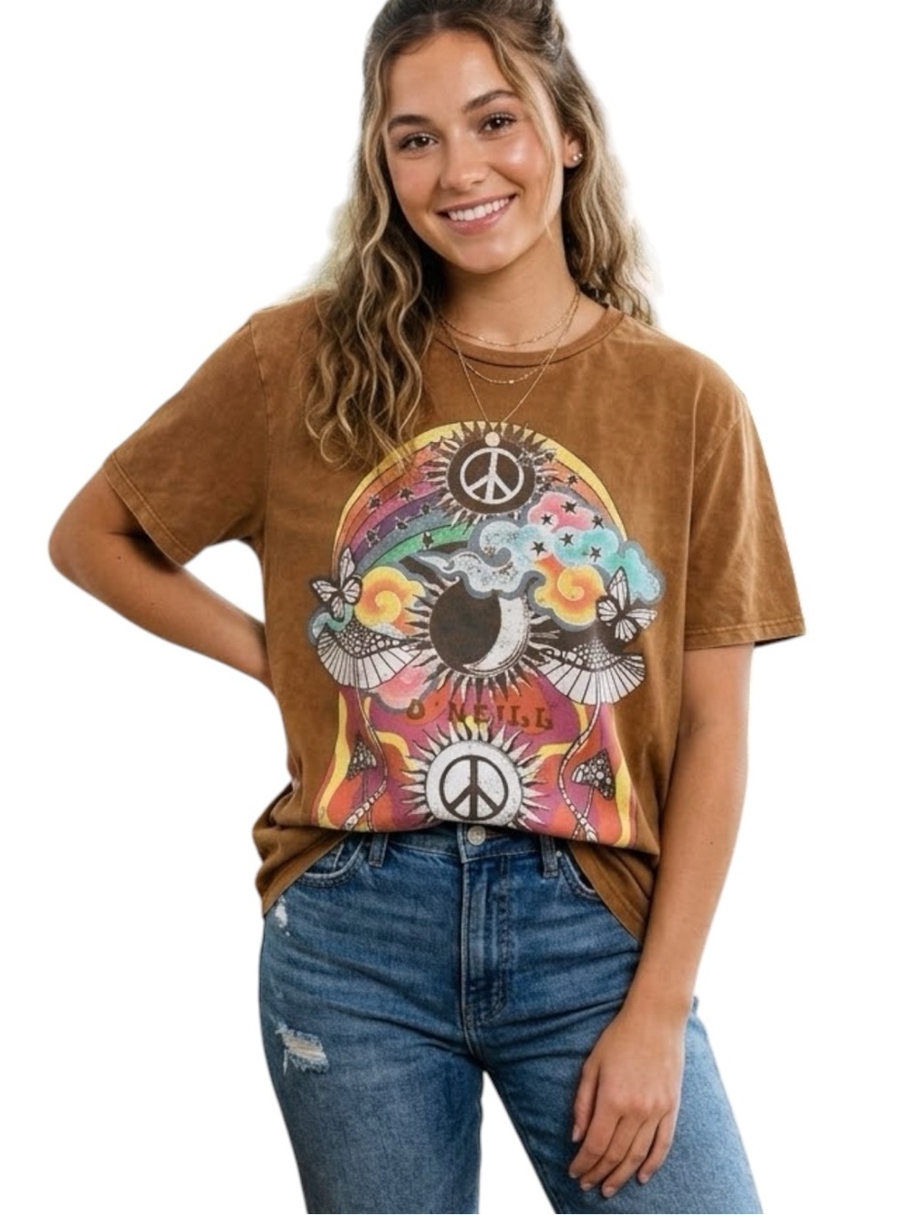 O'Neill Psychedelic Graphic Tee Small Brown Mushrooms Peace Retro Celestial